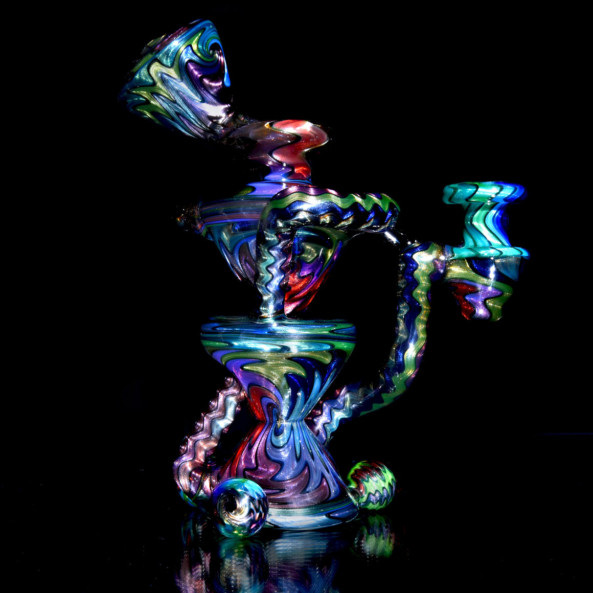 UV Reactive Full Rainbow Fume over Electrum Double-Uptake Klein Recycler - 10mm Female