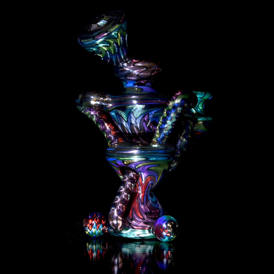 UV Reactive Full Rainbow Fume over Electrum Double-Uptake Klein Recycler - 10mm Female