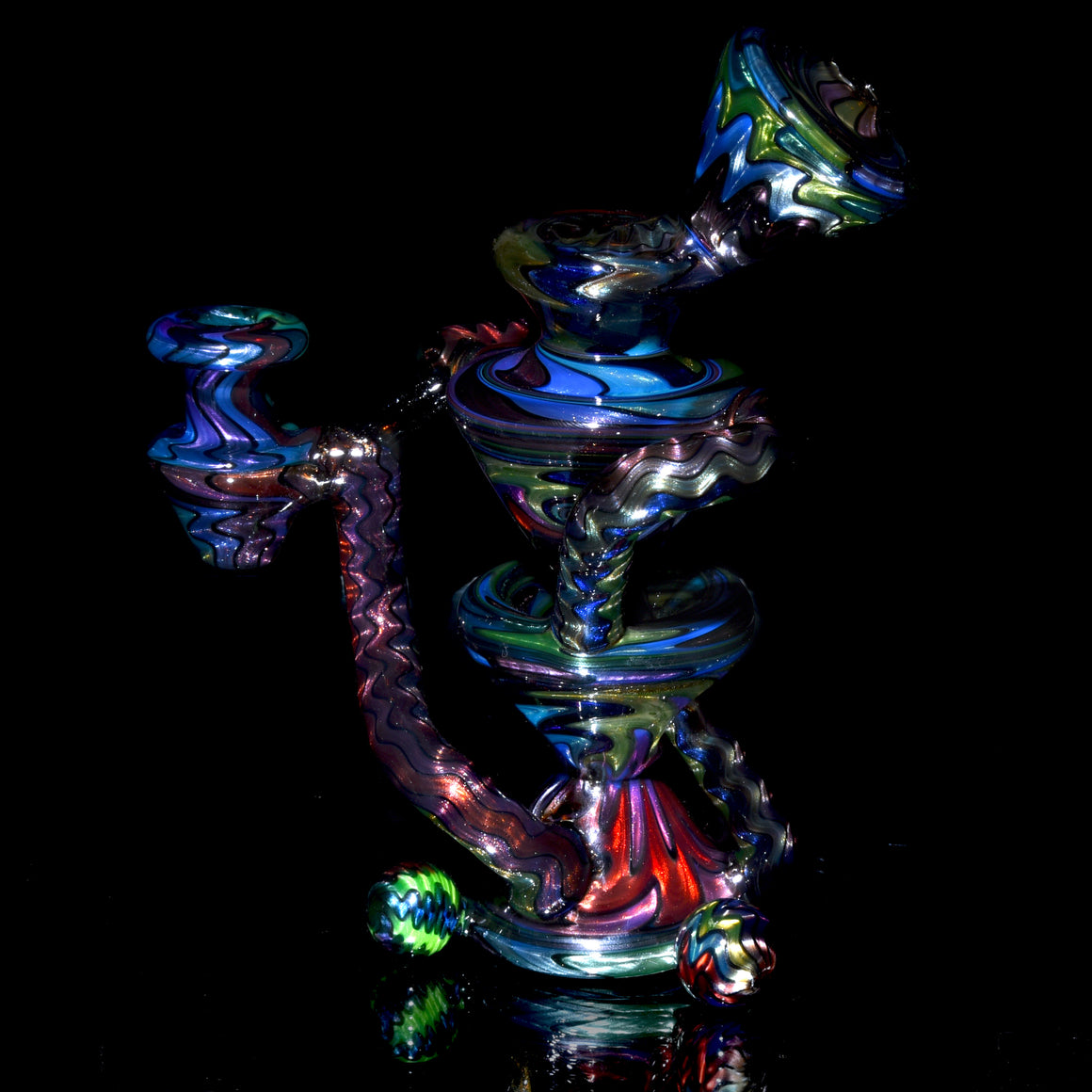 UV Reactive Full Rainbow Fume over Electrum Double-Uptake Klein Recycler - 10mm Female