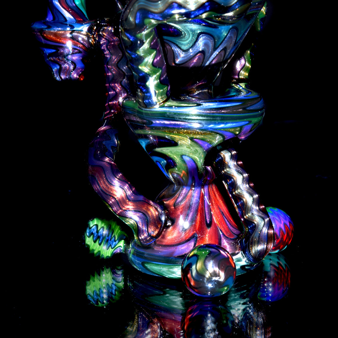 UV Reactive Full Rainbow Fume over Electrum Double-Uptake Klein Recycler - 10mm Female
