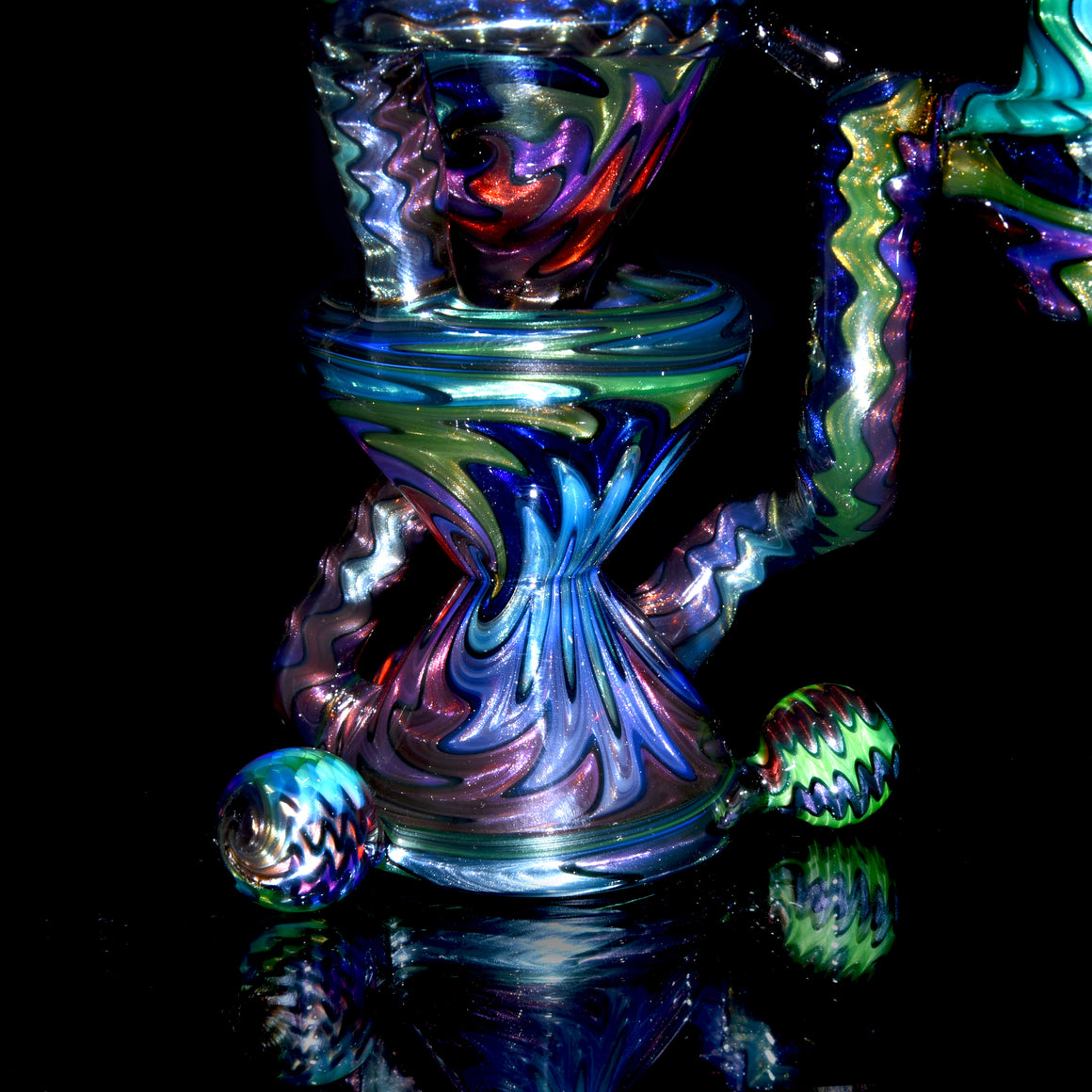 UV Reactive Full Rainbow Fume over Electrum Double-Uptake Klein Recycler - 10mm Female