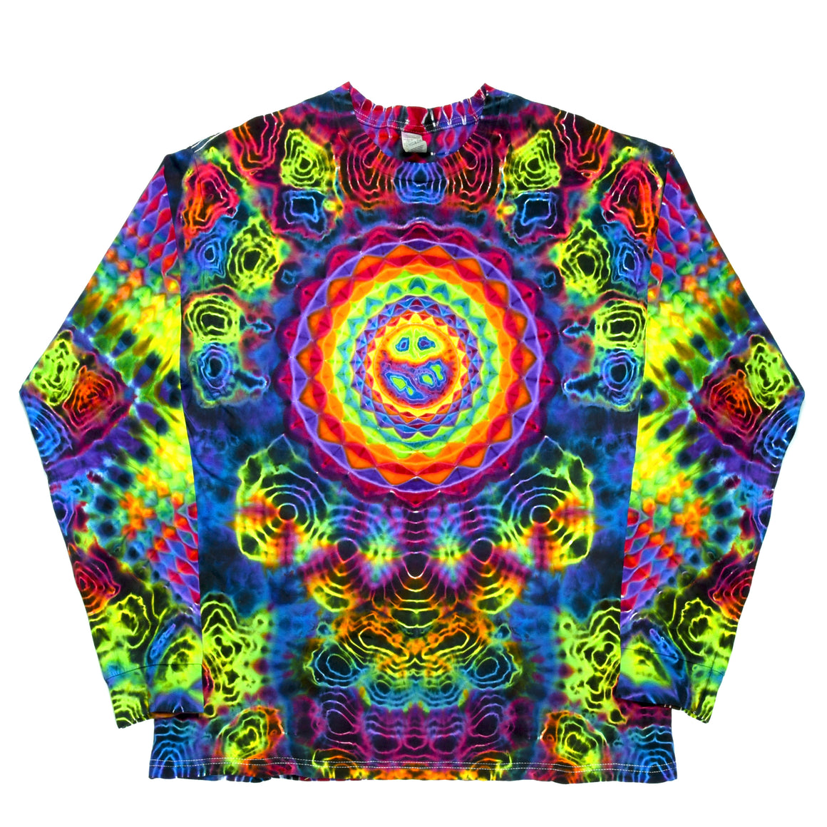 Large - Long-sleeve Tie Dye Shirt - Rainbow Mandala w/ Fluorescent Geodes & Honeycomb Spine