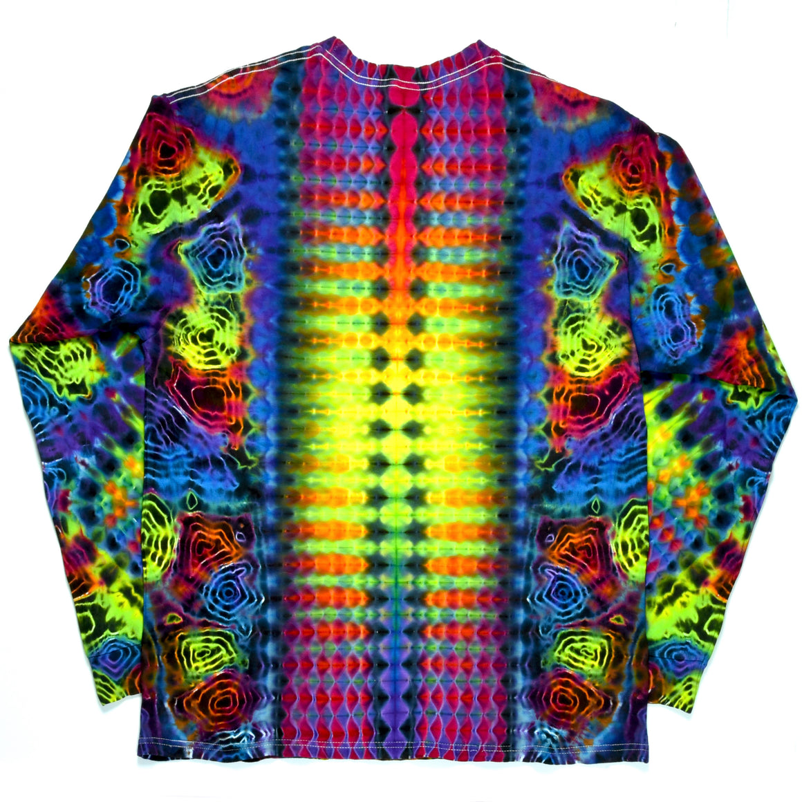 Large - Long-sleeve Tie Dye Shirt - Rainbow Mandala w/ Fluorescent Geodes & Honeycomb Spine