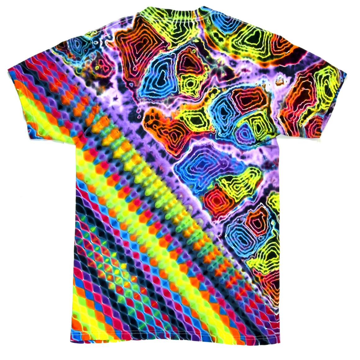 Medium - Short-sleeve Tie Dye T-Shirt - Fluorescent Geodes & Diagonal Honeycomb