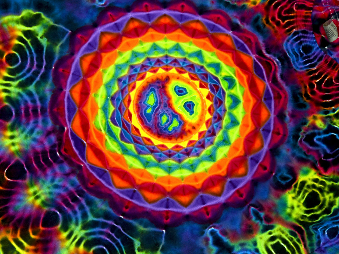 XL - Long-sleeve Tie Dye Shirt - Rainbow Mandala w/ Fluorescent Geodes & Honeycomb Spine