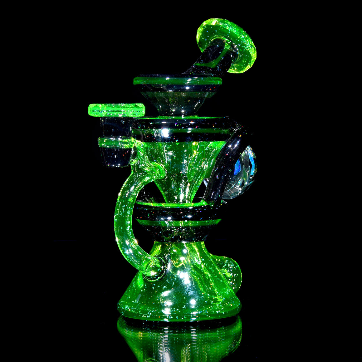 UV Reactive Faceted Two & Through Double-uptake Floating Recycler - Full Crushed Opal Ion/Jet Black - 10mm Female