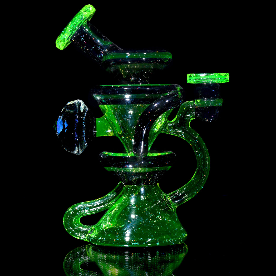 UV Reactive Faceted Two & Through Double-uptake Floating Recycler - Full Crushed Opal Ion/Jet Black - 10mm Female