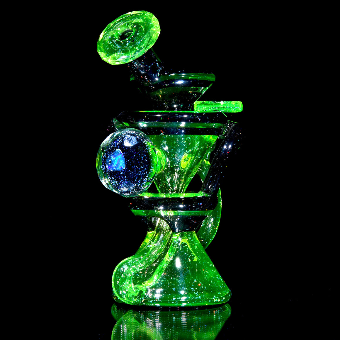 UV Reactive Faceted Two & Through Double-uptake Floating Recycler - Full Crushed Opal Ion/Jet Black - 10mm Female