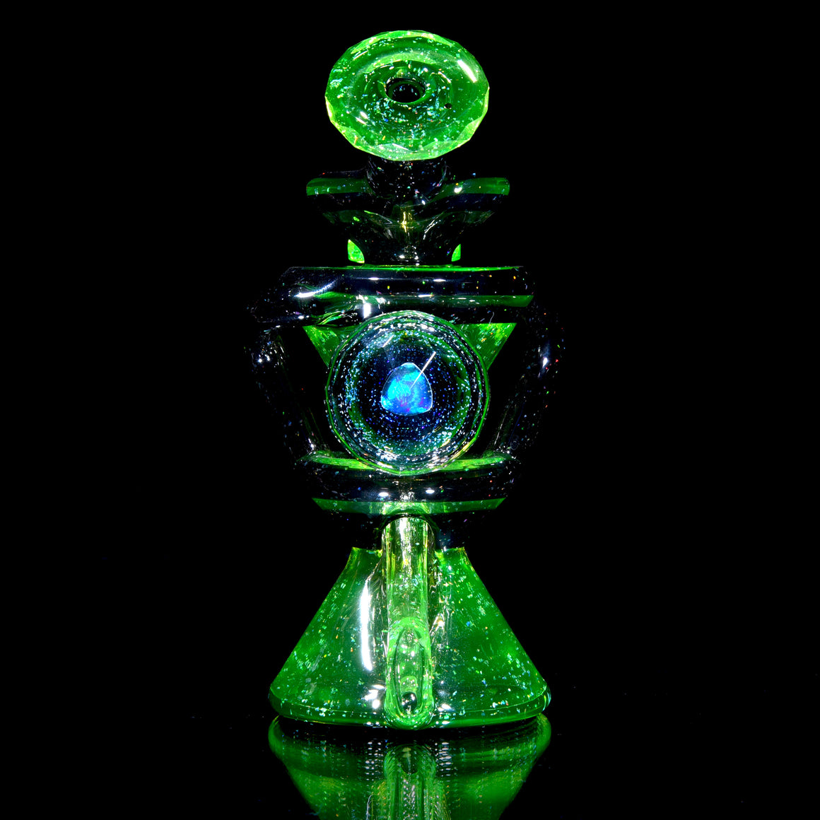 UV Reactive Faceted Two & Through Double-uptake Floating Recycler - Full Crushed Opal Ion/Jet Black - 10mm Female