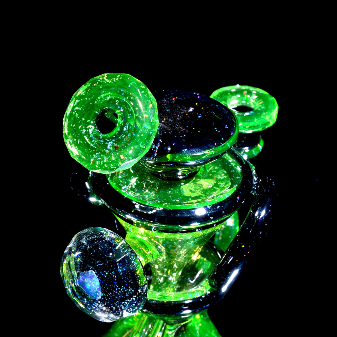 UV Reactive Faceted Two & Through Double-uptake Floating Recycler - Full Crushed Opal Ion/Jet Black - 10mm Female