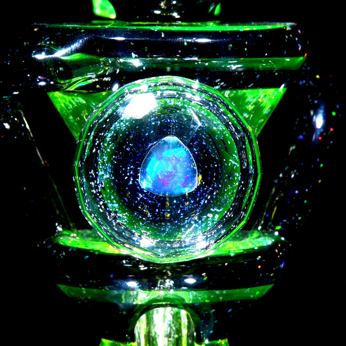 UV Reactive Faceted Two & Through Double-uptake Floating Recycler - Full Crushed Opal Ion/Jet Black - 10mm Female