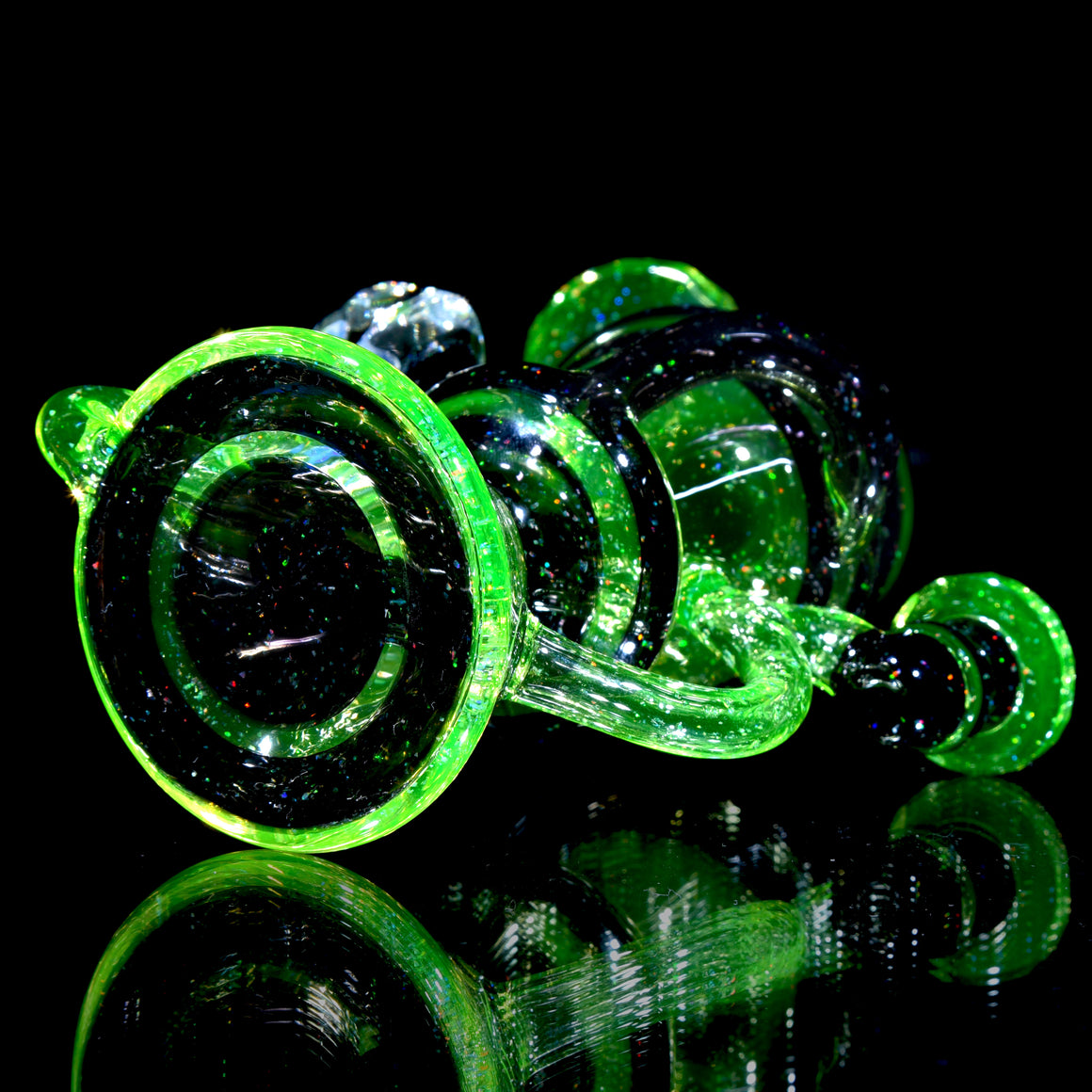 UV Reactive Faceted Two & Through Double-uptake Floating Recycler - Full Crushed Opal Ion/Jet Black - 10mm Female