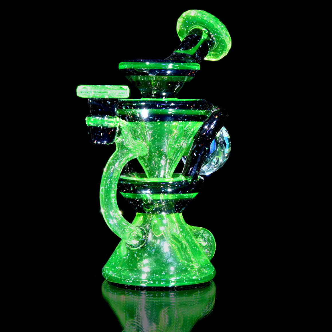 UV Reactive Faceted Two & Through Double-uptake Floating Recycler - Full Crushed Opal Ion/Jet Black - 10mm Female