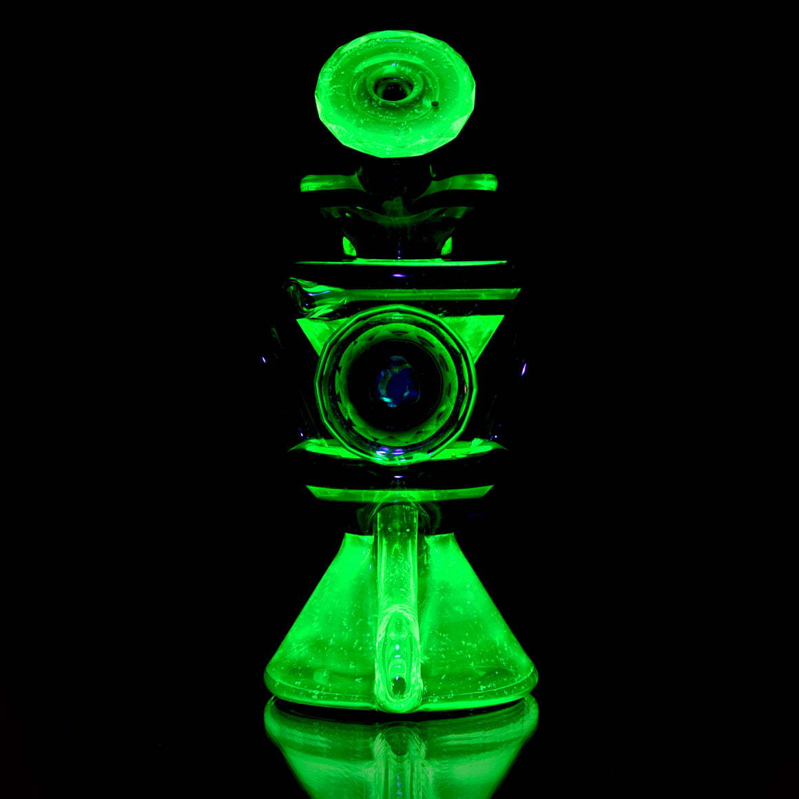 UV Reactive Faceted Two & Through Double-uptake Floating Recycler - Full Crushed Opal Ion/Jet Black - 10mm Female