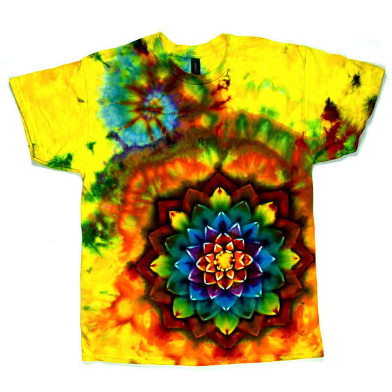 Large Tie Dye T-Shirt - Yellow Swirl/Rainbow Mandala