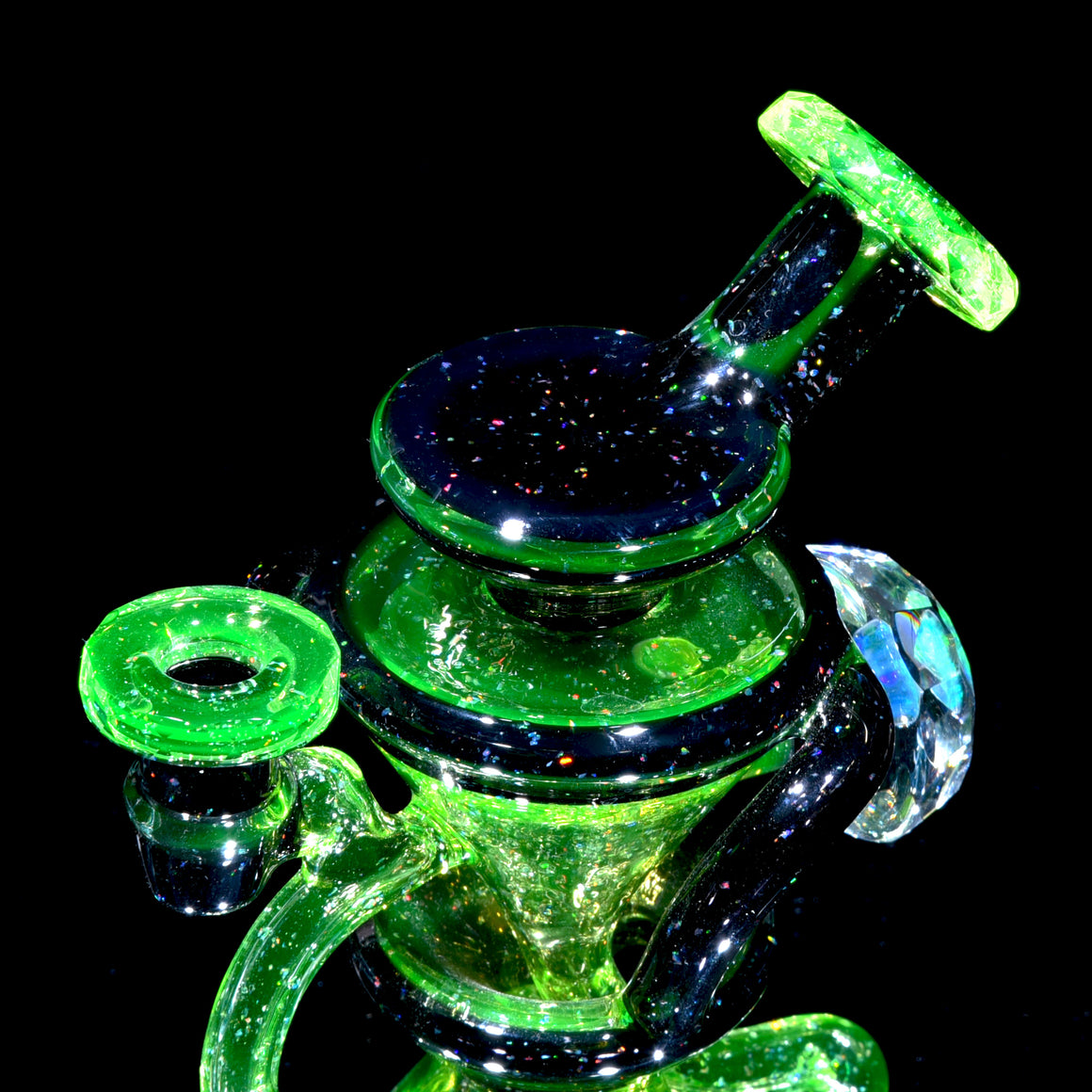 UV Reactive Faceted Two & Through Double-uptake Floating Recycler - Full Crushed Opal Ion/Jet Black - 10mm Female