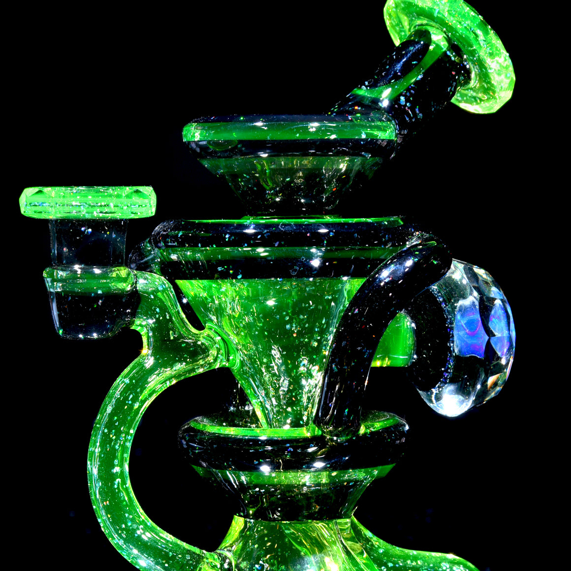 UV Reactive Faceted Two & Through Double-uptake Floating Recycler - Full Crushed Opal Ion/Jet Black - 10mm Female