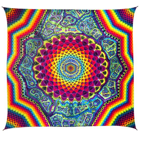 80" x 80" XL Tie Dye Tapestry w/ Tie Loops - Rainbow Honeycomb & Mandala w/ Neon Geodes