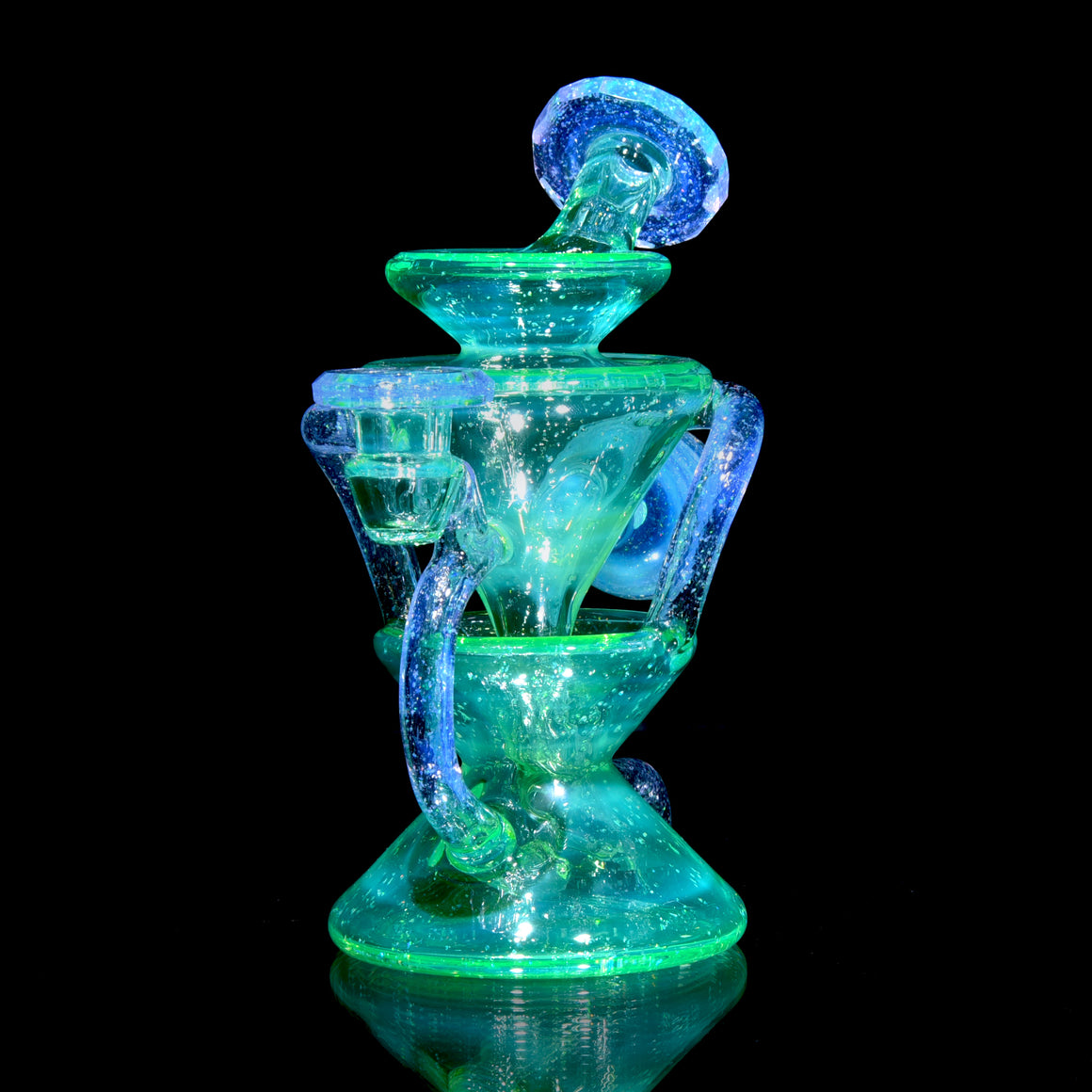 UV Reactive Faceted Two & Through Double-uptake Floating Recycler - Full Crushed Opal Ion over Meta-Terrania - 10mm Female