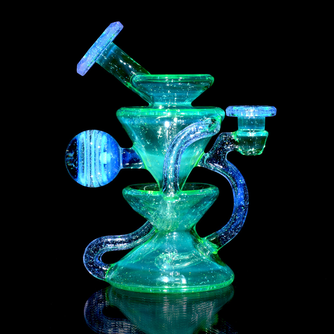 UV Reactive Faceted Two & Through Double-uptake Floating Recycler - Full Crushed Opal Ion over Meta-Terrania - 10mm Female