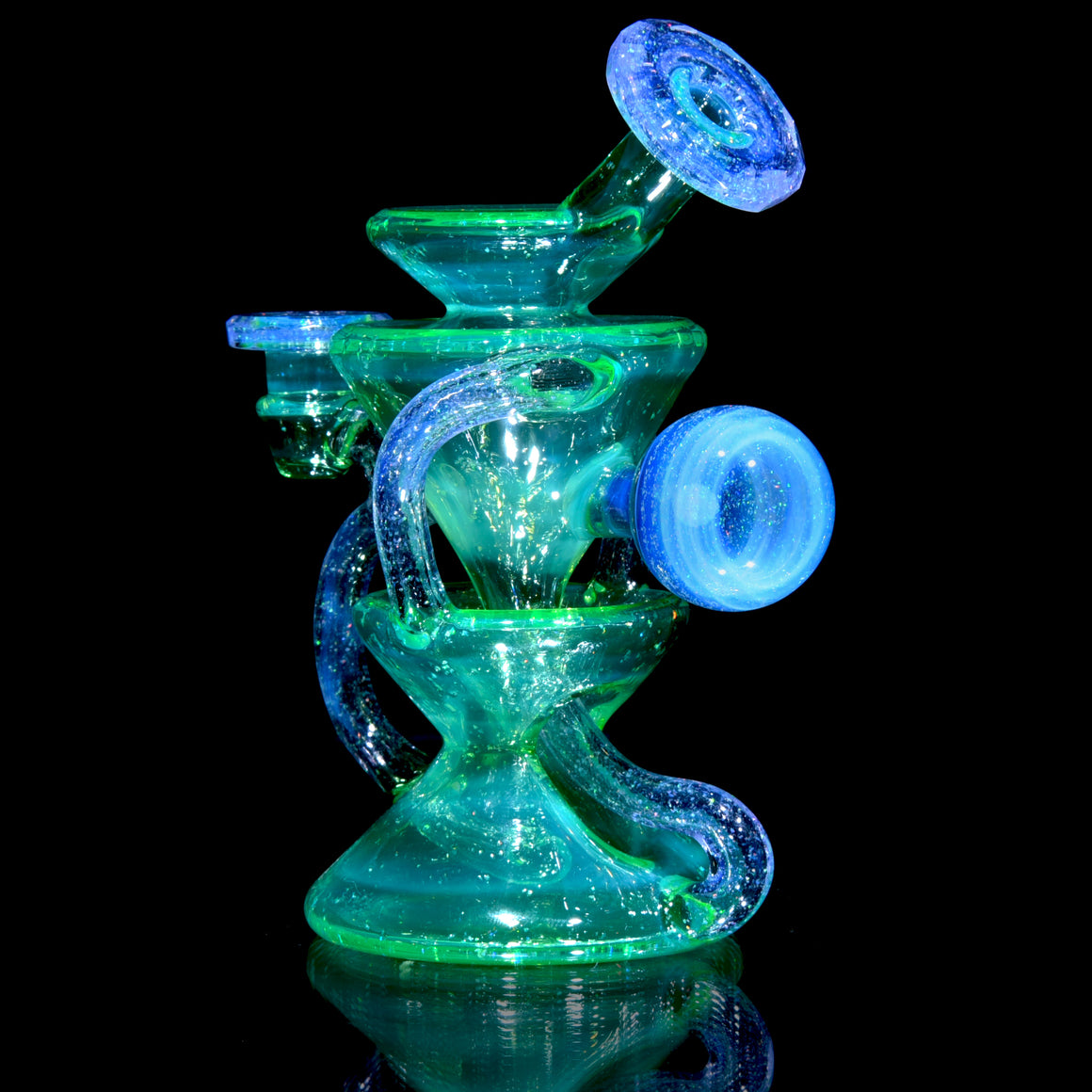 UV Reactive Faceted Two & Through Double-uptake Floating Recycler - Full Crushed Opal Ion over Meta-Terrania - 10mm Female