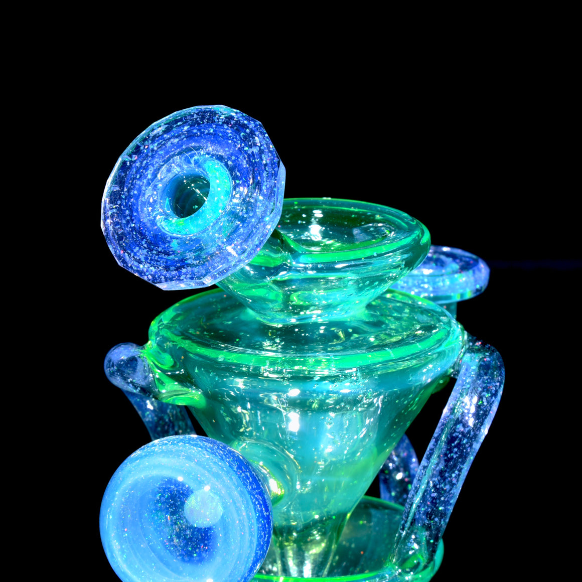 UV Reactive Faceted Two & Through Double-uptake Floating Recycler - Full Crushed Opal Ion over Meta-Terrania - 10mm Female