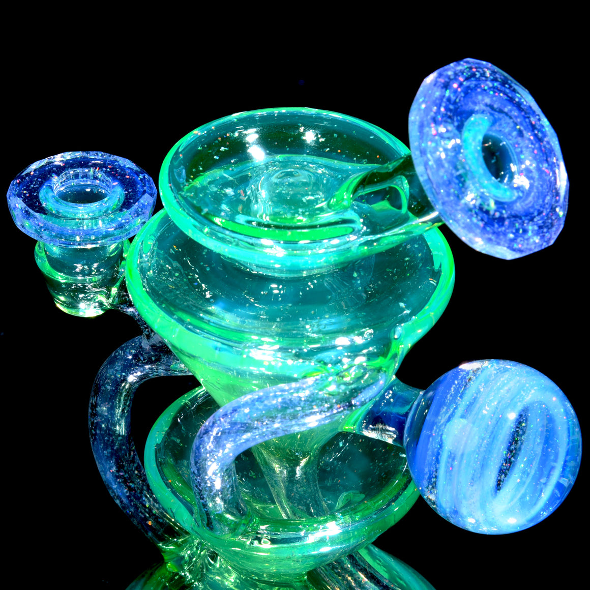 UV Reactive Faceted Two & Through Double-uptake Floating Recycler - Full Crushed Opal Ion over Meta-Terrania - 10mm Female