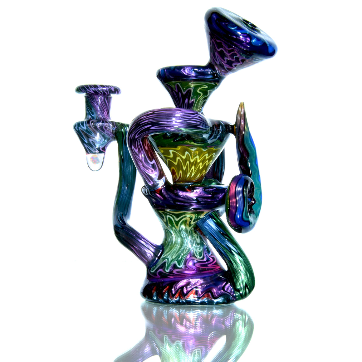 UV Reactive Full Rainbow Fume over Electrum Double-Uptake Klein Recycler - 10mm Female
