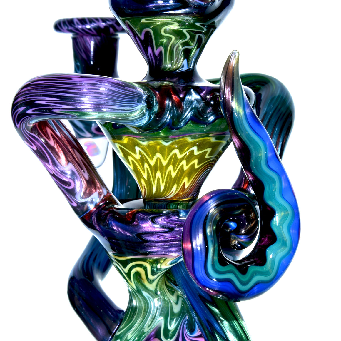 UV Reactive Full Rainbow Fume over Electrum Double-Uptake Klein Recycler - 10mm Female