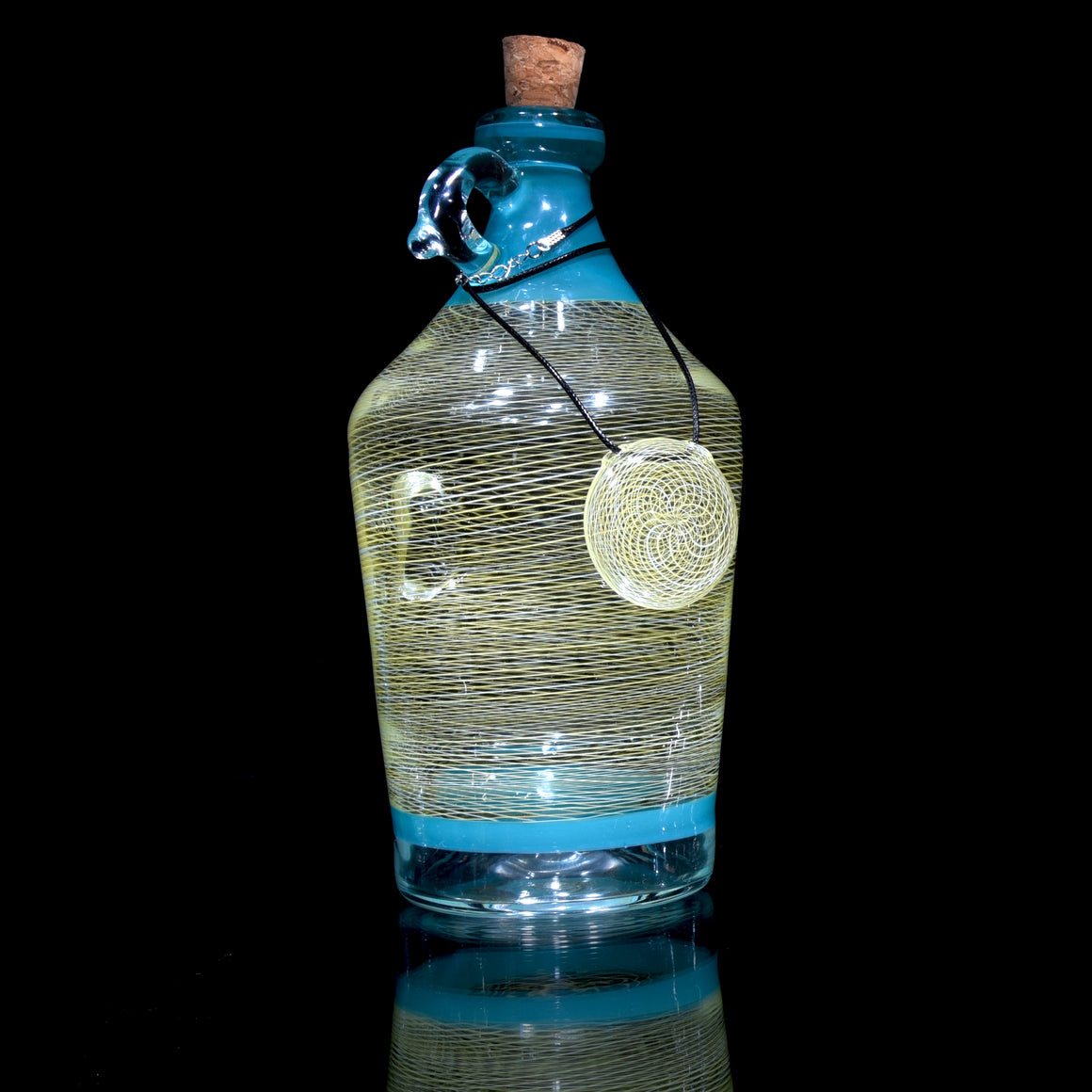 Worked 36oz Capacity Moonshine Jug #4/Matching Pendant Set - Aqua/Yellow Reti