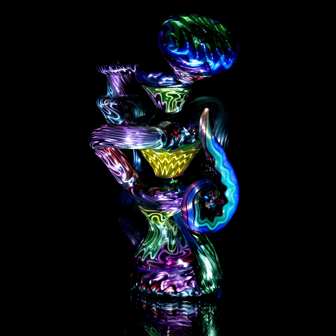 UV Reactive Full Rainbow Fume over Electrum Double-Uptake Klein Recycler - 10mm Female