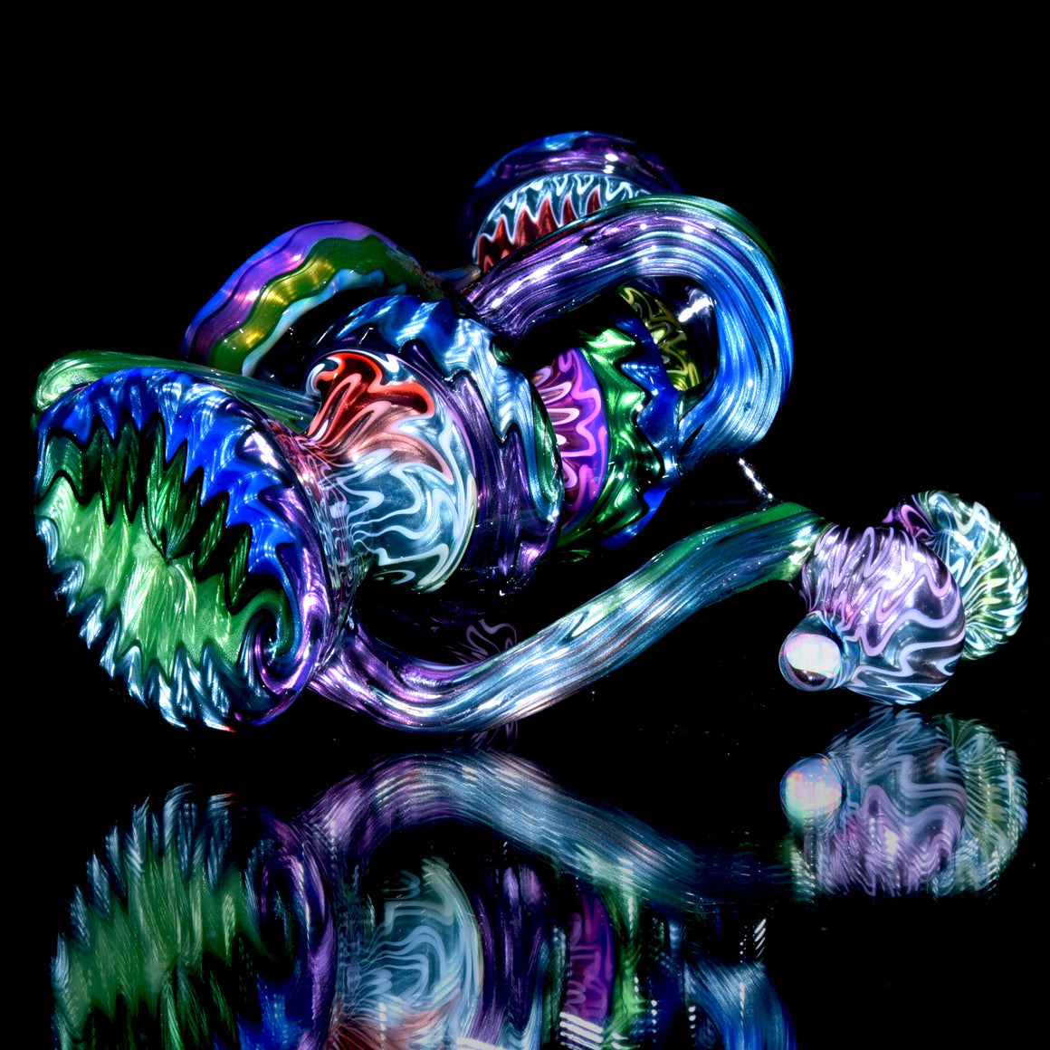 UV Reactive Full Rainbow Fume over Electrum Double-Uptake Klein Recycler - 10mm Female