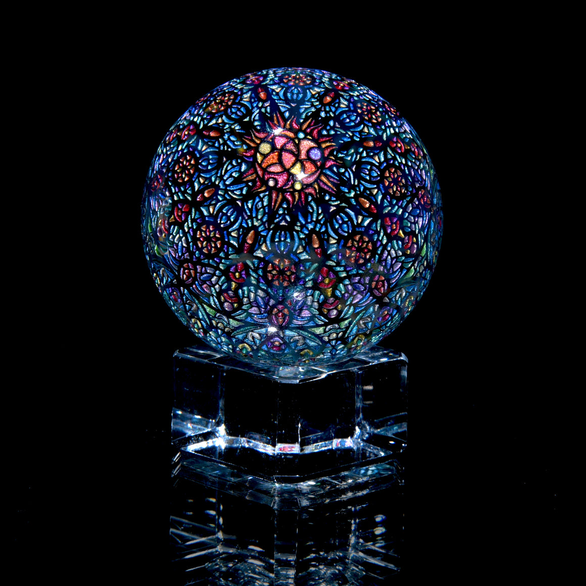 "Mandala of Sun and Moon" Coldworked 1.5" Borosilicate Marble