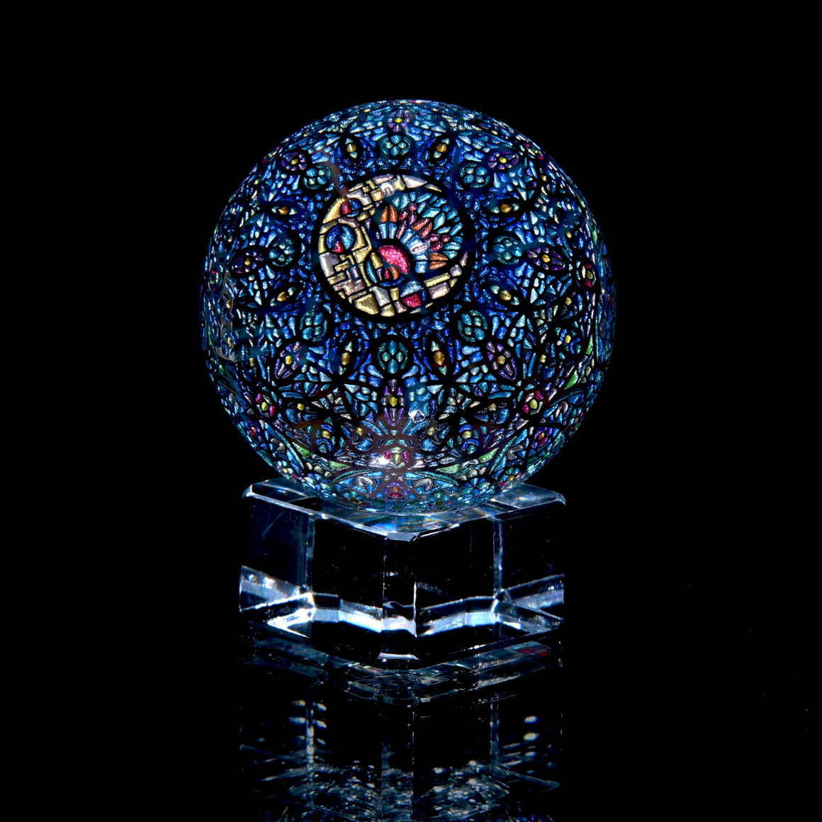 "Mandala of Sun and Moon" Coldworked 1.5" Borosilicate Marble
