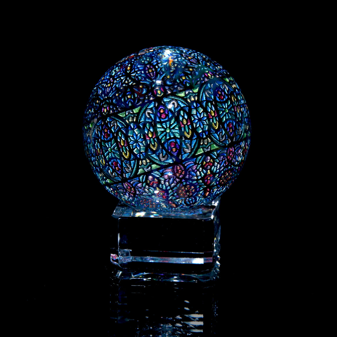 "Mandala of Sun and Moon" Coldworked 1.5" Borosilicate Marble