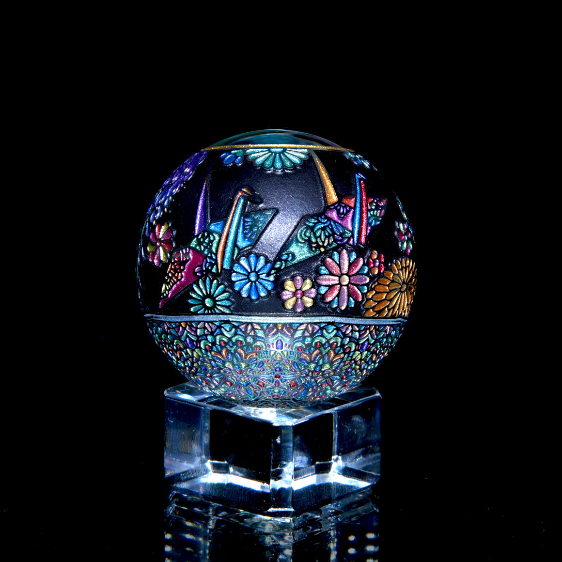 "Paper Crane" in Jet Black - Kaleidoscope Marble (Borosilicate) - 1.5" Diameter