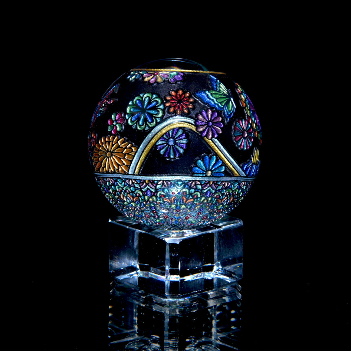 "Paper Crane" in Jet Black - Kaleidoscope Marble (Borosilicate) - 1.5" Diameter