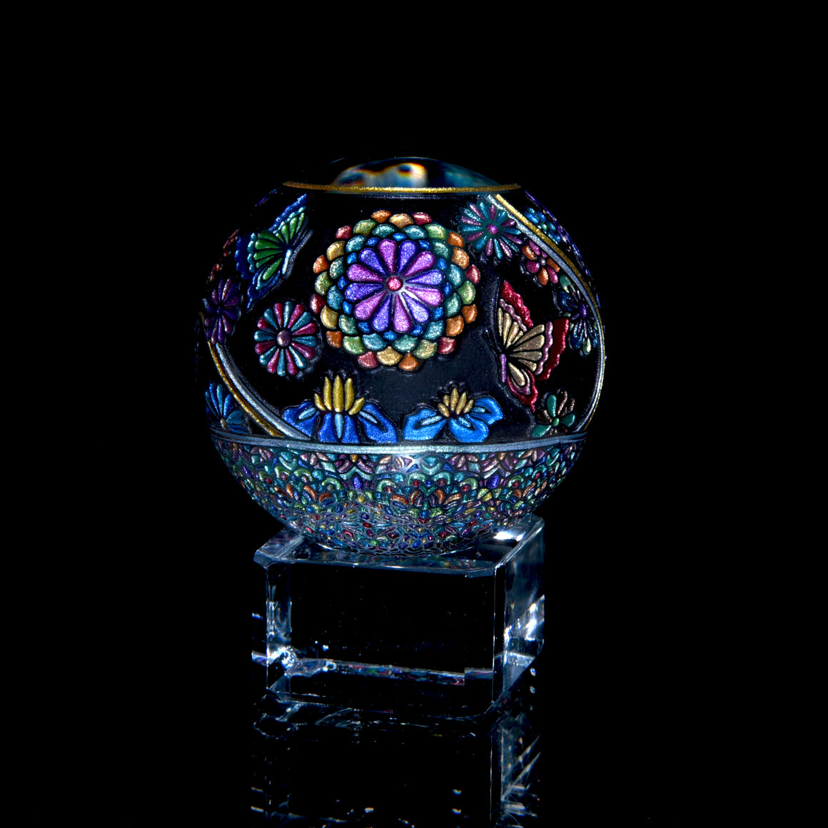 "Paper Crane" in Jet Black - Kaleidoscope Marble (Borosilicate) - 1.5" Diameter