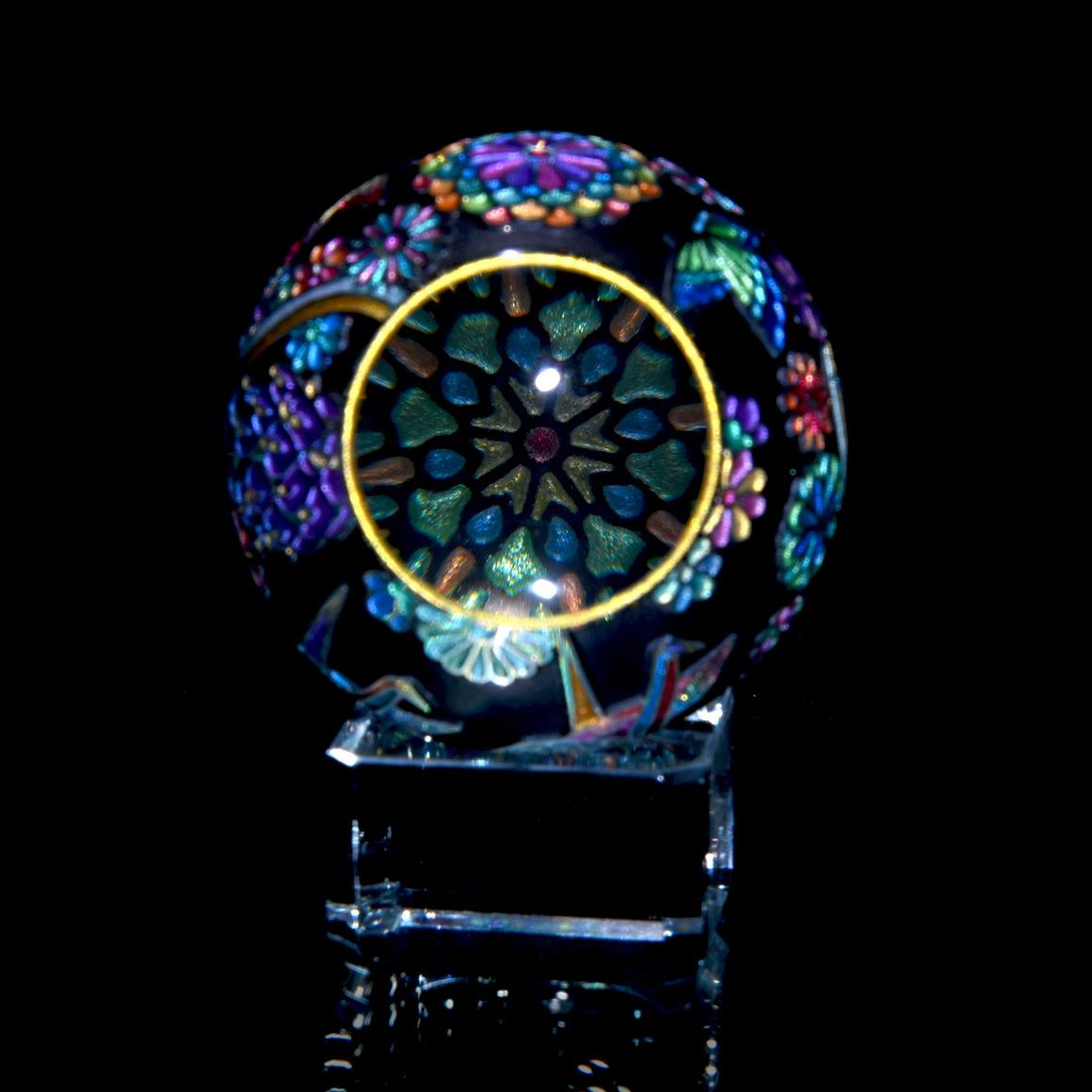 "Paper Crane" in Jet Black - Kaleidoscope Marble (Borosilicate) - 1.5" Diameter