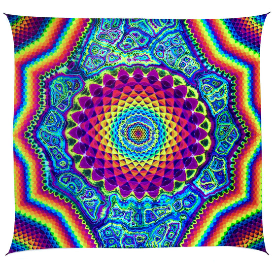 “SG12 The Cosmic Gate” 80" x 80" XL Tie Dye Tapestry w/ Tie Loops - Rainbow Honeycomb & Mandala w/ Neon Geodes