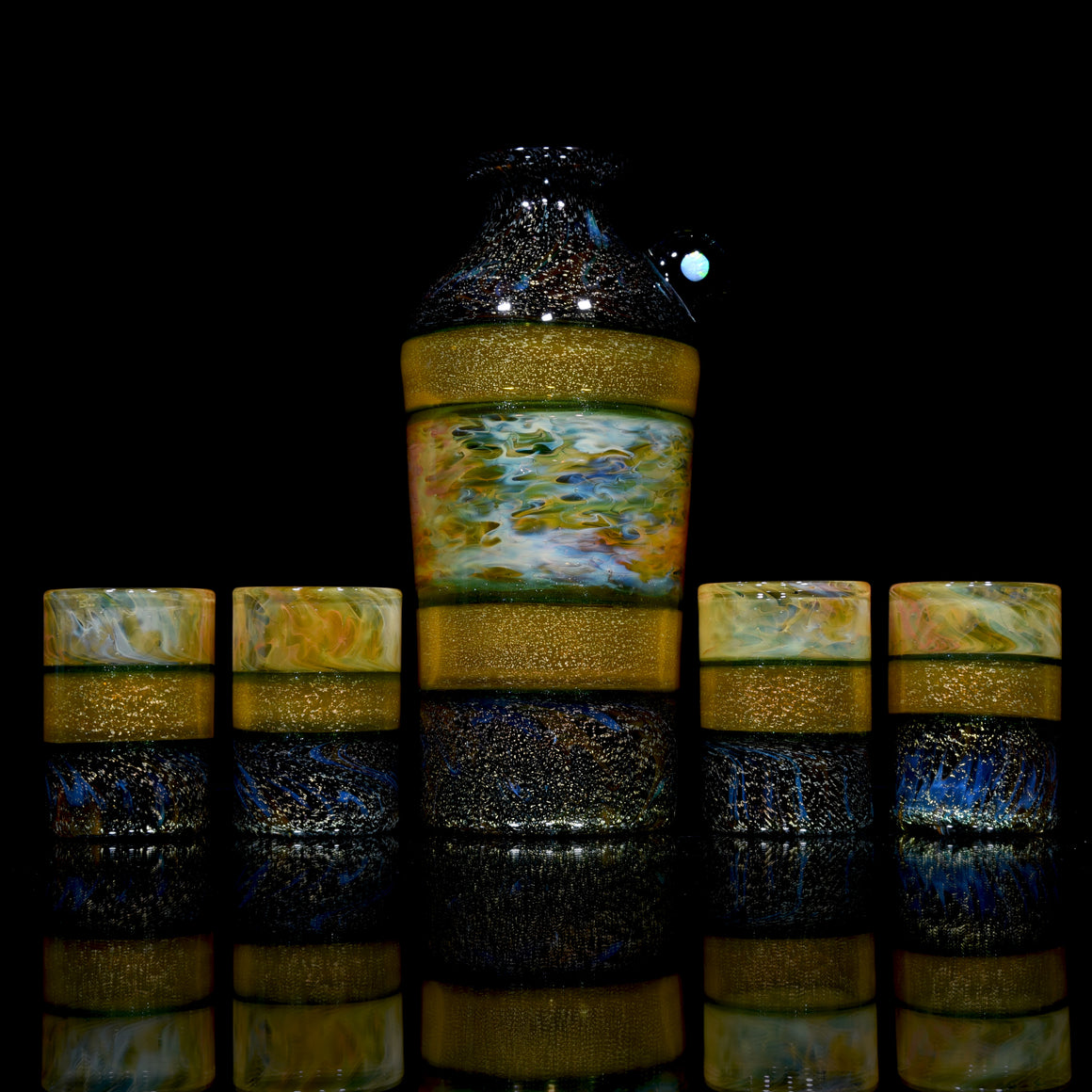 5-piece Dichroic Sake Set w/ Opal - Green/Orange/Multilayer Fume
