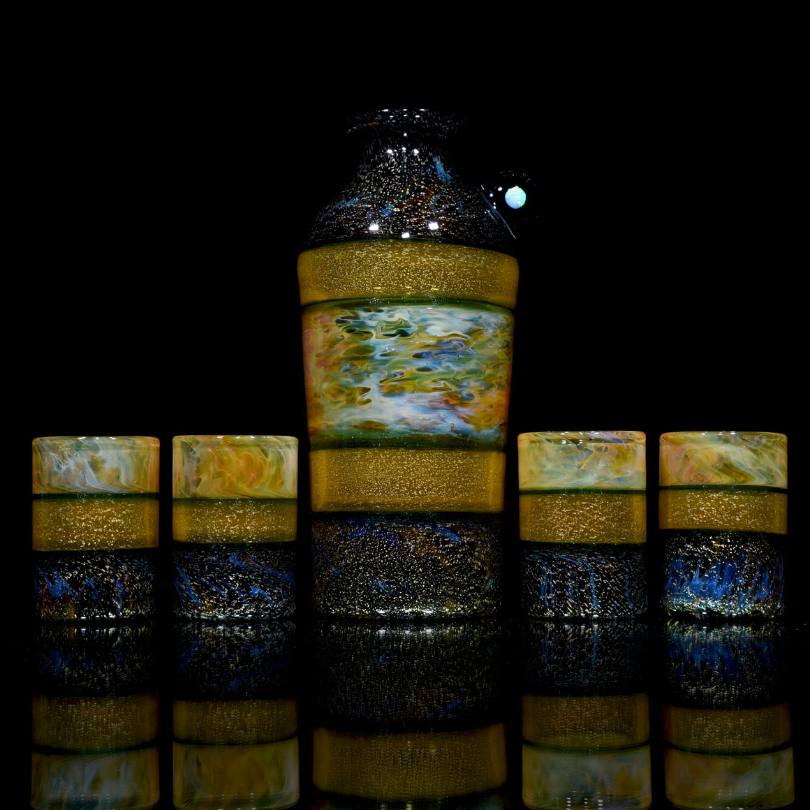 5-piece Dichroic Corked  Tokkuri Sake Set w/ Opal - Green/Orange/Multilayer Fume