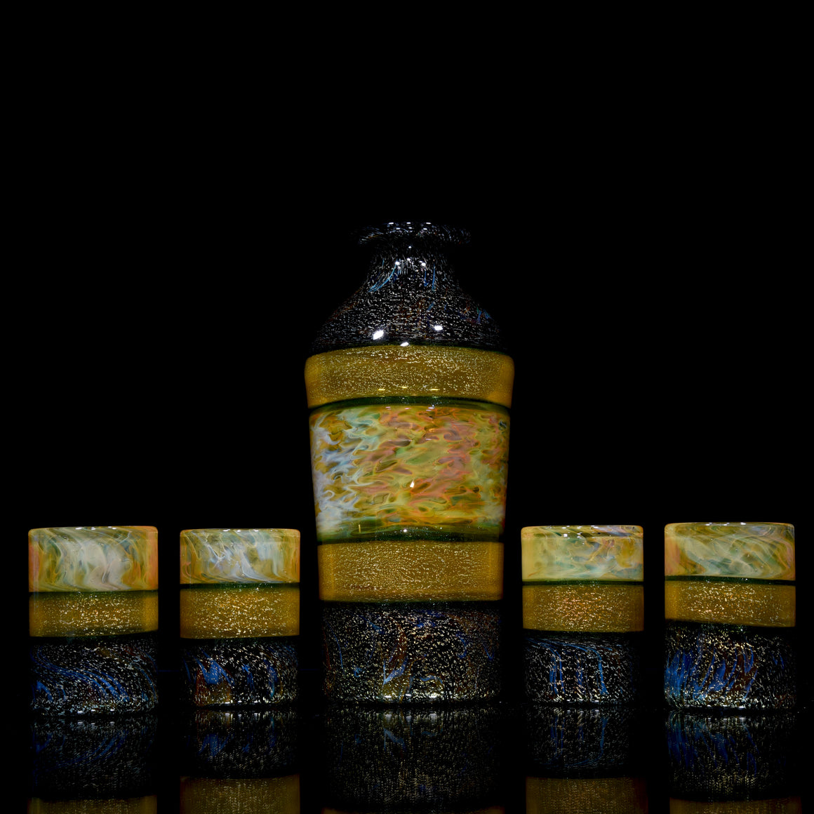 5-piece Dichroic Sake Set w/ Opal - Green/Orange/Multilayer Fume