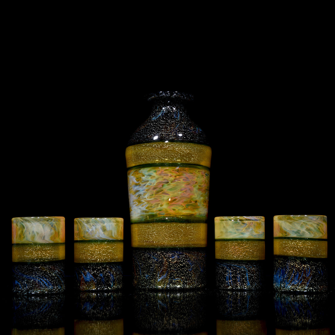 5-piece Dichroic Corked  Tokkuri Sake Set w/ Opal - Green/Orange/Multilayer Fume