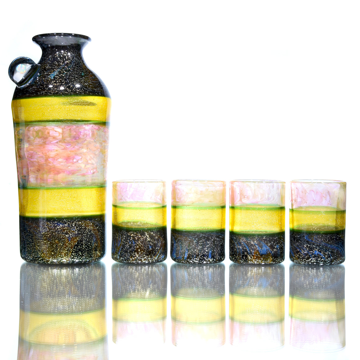 5-piece Dichroic Corked  Tokkuri Sake Set w/ Opal - Green/Orange/Multilayer Fume