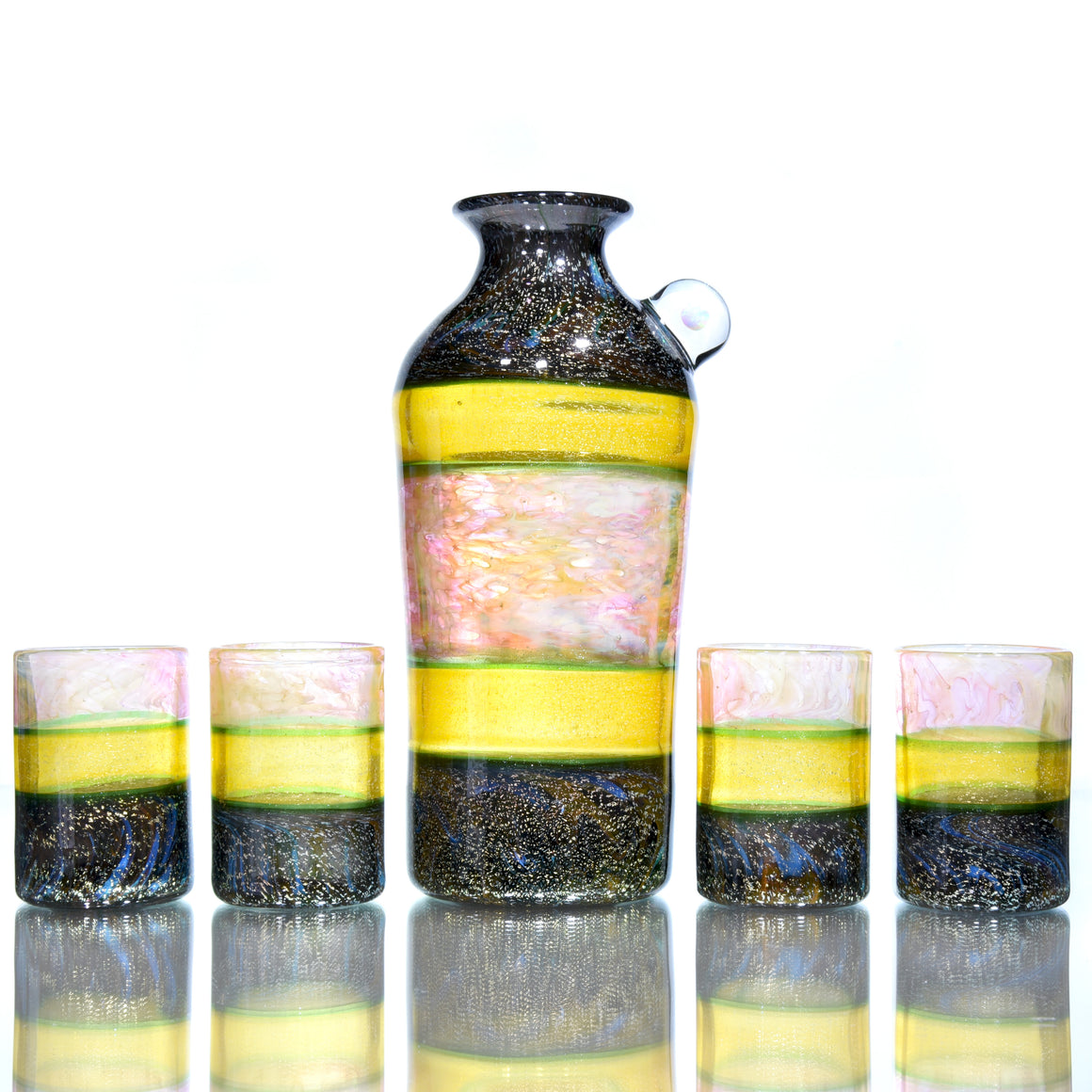 5-piece Dichroic Corked  Tokkuri Sake Set w/ Opal - Green/Orange/Multilayer Fume
