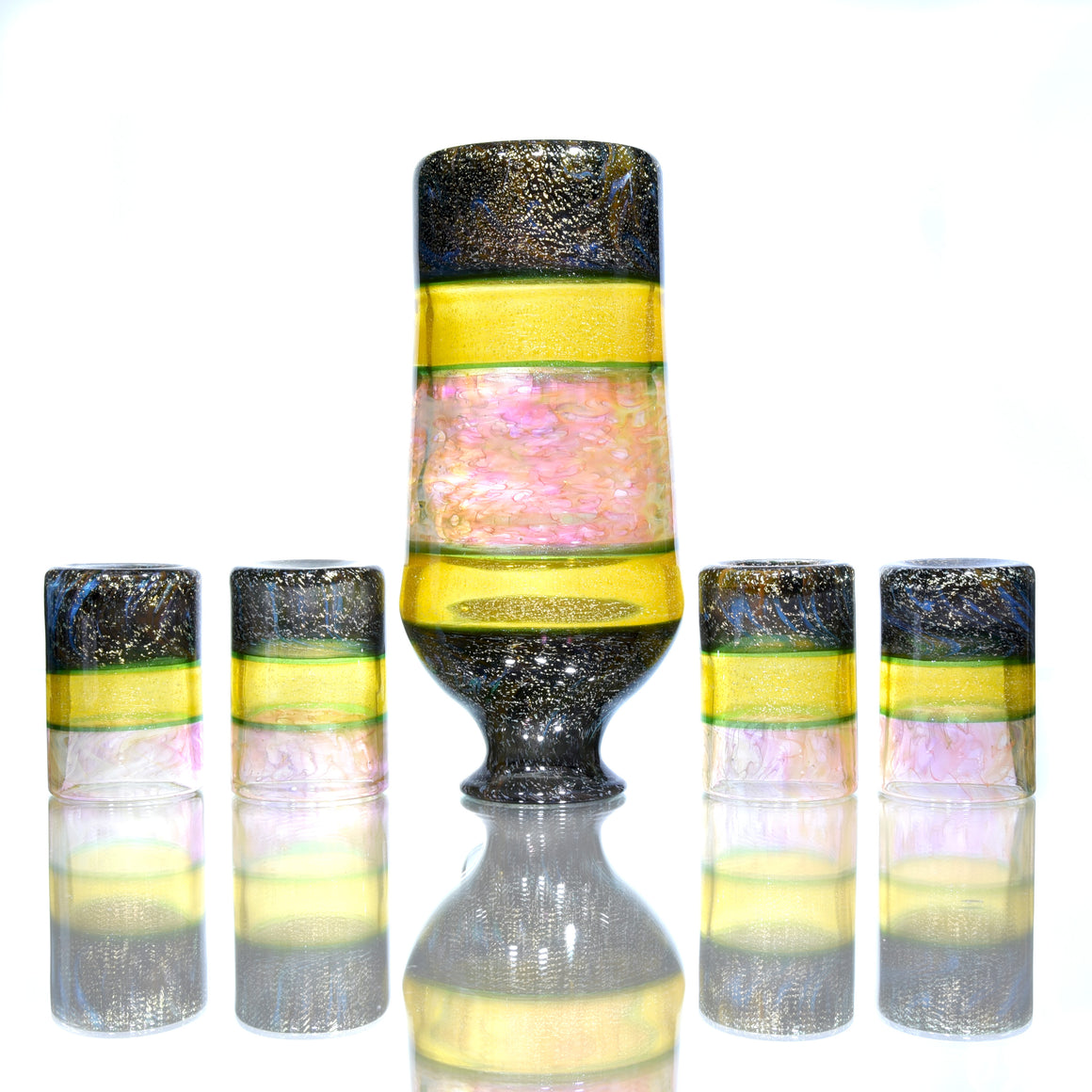 5-piece Dichroic Corked  Tokkuri Sake Set w/ Opal - Green/Orange/Multilayer Fume