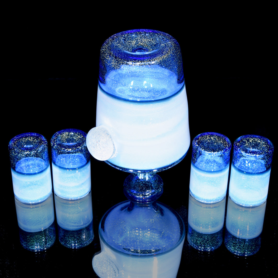 Fully-worked Dichroic Ghost/Brilliant Blue Pint Glass & Sake Set