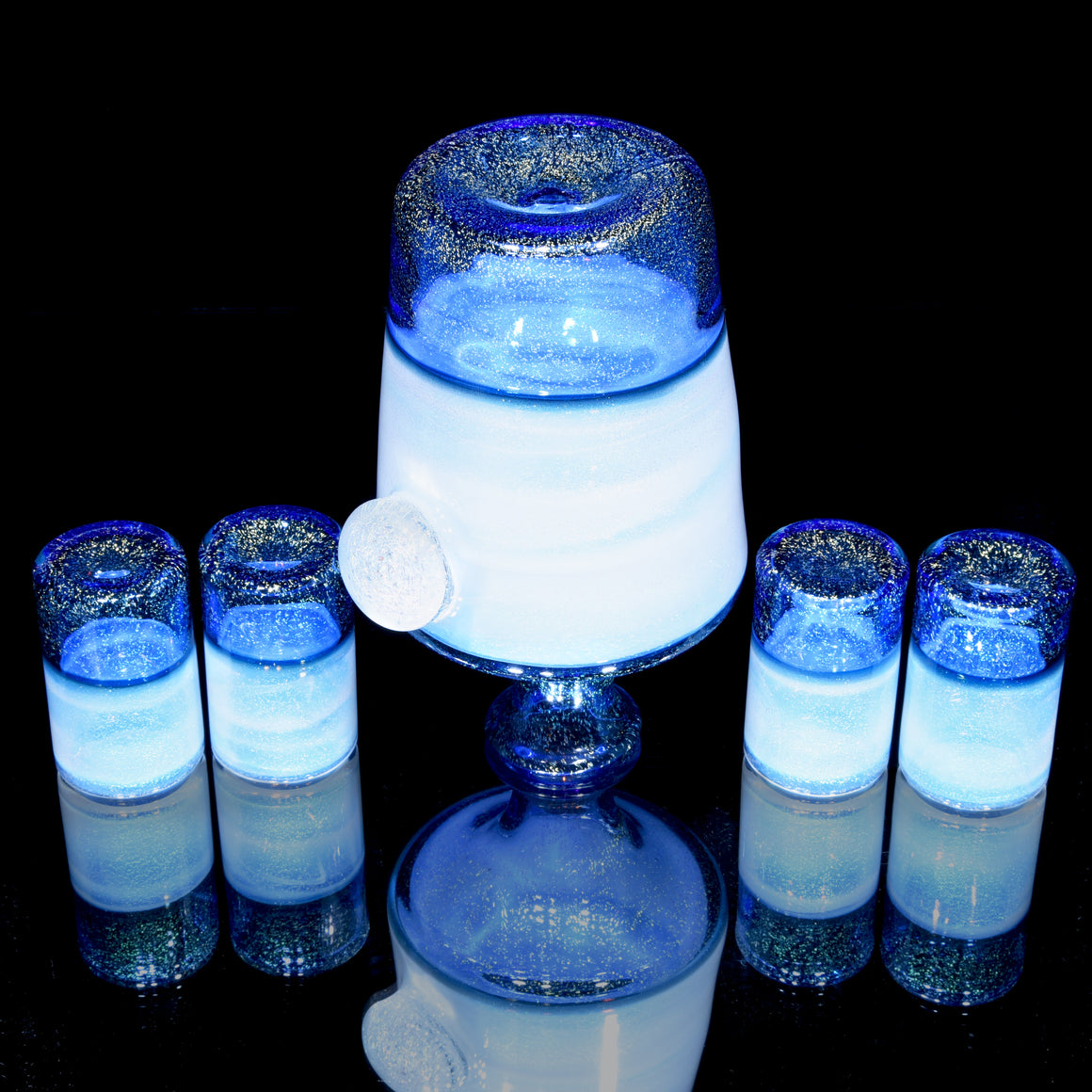Fully-worked Dichroic Ghost/Brilliant Blue Pint Glass & Corked Tokkuri Sake Set