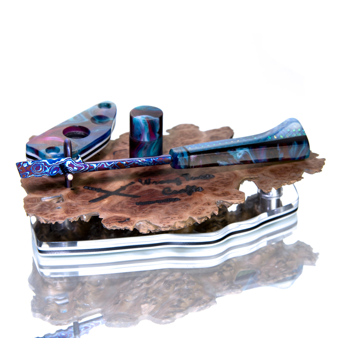 "Tactical Spatula" Timascus™️ Dab Tool w/ LED-lit Burl Display Stand - Graffiti Resin/Pearl Dichro